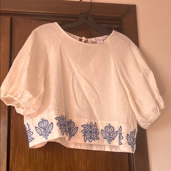 House of Harlow 1960 Tops - House of Harlow 1960 Ivory and Blue Linen Blend Embroidered Blouse